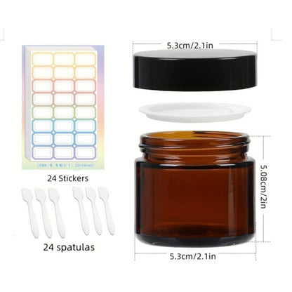 Brown Frosted Glass Jars with Lids 24 Pack – 2 oz Amber Glass Cosmetic Containers with Spoons & Labels, Non-Slip Base, UV-Protective Storage for Face Cream, Lotion, Body Butter, Candle Making & DIY Skincare