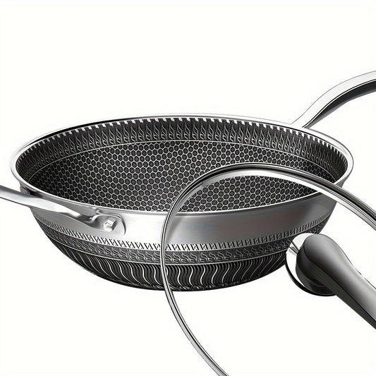 Stainless Steel Wok 13.3 Inch Honeycomb Non-Stick with Lid Spatula & Pot Brush – All Cooktop Compatible Stir Fry Pan | Induction Gas Electric Ceramic | Complete Kitchen Wok Set Cooking Accessories