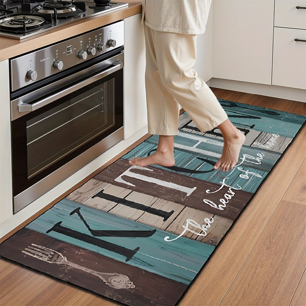 Two-Piece Green and Brown Wood-Plank Print Kitchen Mat Set with Two Exact Rectangular Sizes