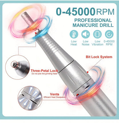 Electric Nail Drill 45000 RPM Cordless Kit with Power Display, Adjustable Speed and Three Colors