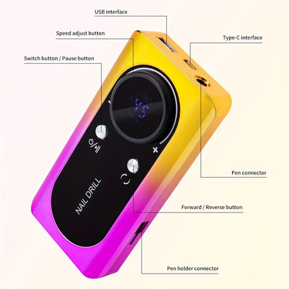 Electric Nail Drill Machine 45000RPM with LCD Display — Rechargeable Cordless E-File Professional High-Speed Nail Sander for Acrylic Gel Polish Natural Nails, Salon & Home Manicure Pedicure Tool