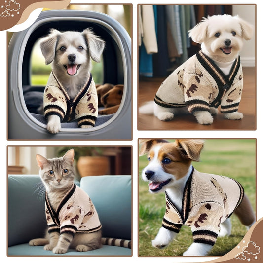 Dog Cardigan Sweater with Button Closure - Allover Bear Print Knitted Pet Clothes for Small Dogs, Soft Fleece-Lined Puppy Shirt with Adjustable Collar for Bichon Teddy Schnauzer, Spring Summer XS to XL
