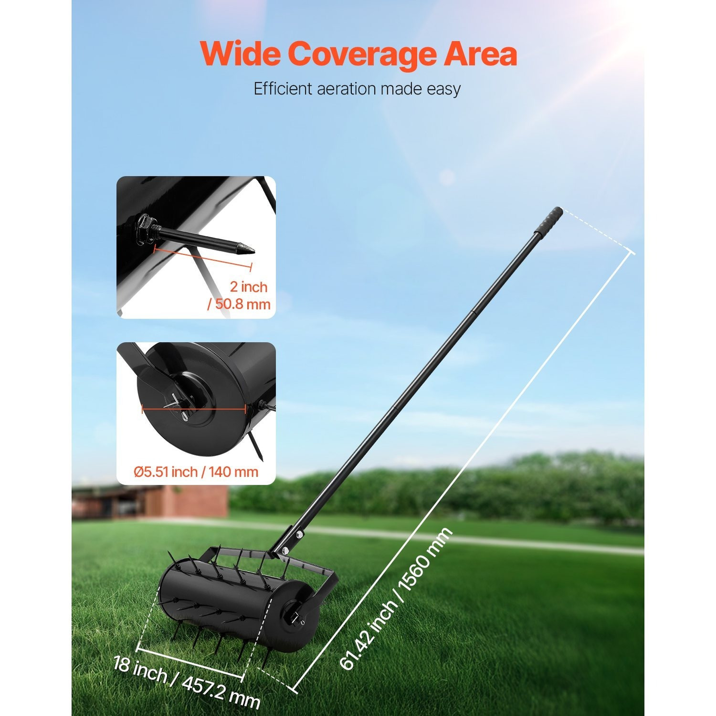 Rolling Lawn Aerator with 18- or 21-Inch Drum, 27 Spikes and Detachable Three-Section Handle