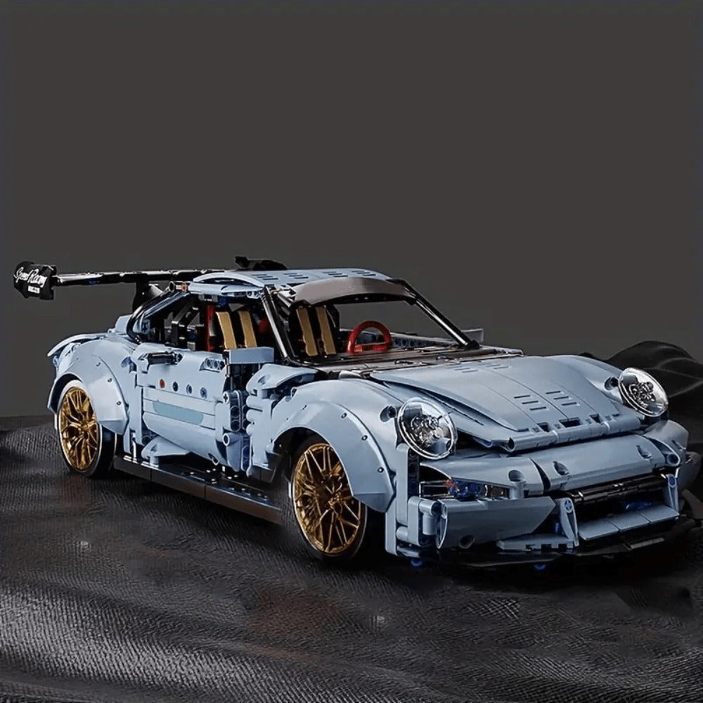 Misty Blue Lowrider Sports Car Building Block Model with 2,100 Pieces, Two Checkout Sets and Display Stand