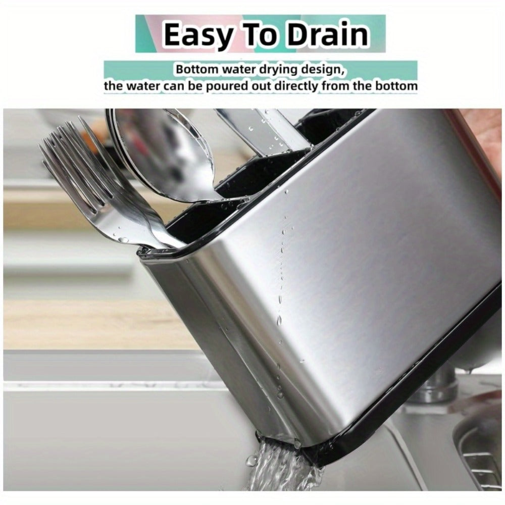 Utensil Holder Stainless Steel Cutlery Organizer 4-Compartment Countertop Caddy Anti-Slip Drain Holes for Kitchen Forks Knives Spoons Chopsticks
