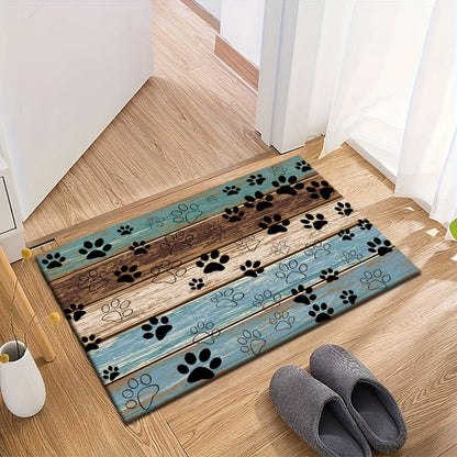 Cat Paw Print Door Mat with Blue and Brown Wood-Look Bands in Three Rectangular Entryway Sizes