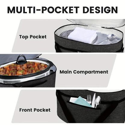 Two-Layer Slow Cooker Carrier Bag with Carry Handles, Front Pocket and Exact Black 18.5 by 12 by 11 Inch Option