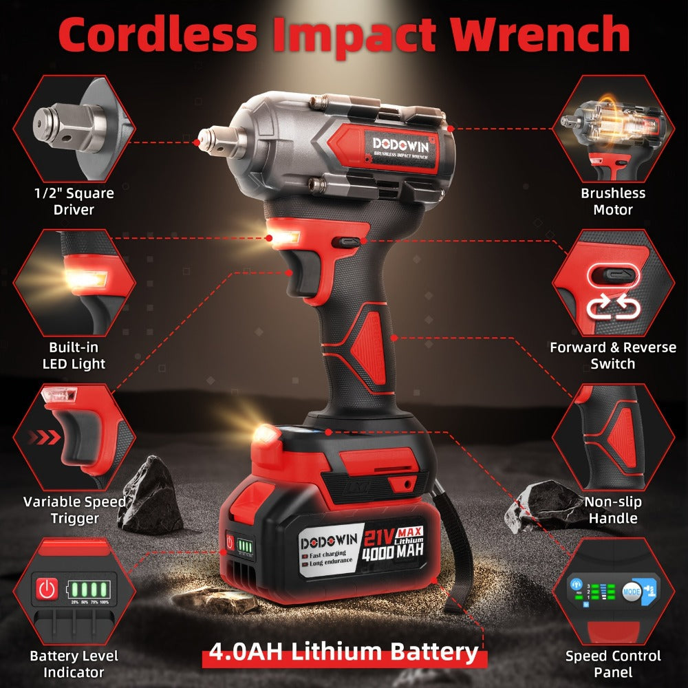 High Torque Impact Wrench Kit 320NM / 1000NM Brushless Cordless – 21V with 2.0AH / 4.0AH Batteries, Quick Charger, 6 Sockets & Full Accessories, Electric Impact Gun for Car Repair, Auto Mechanic & Home Use