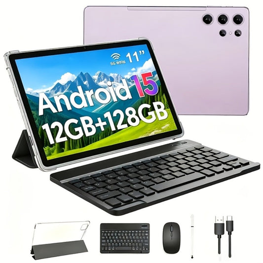 Android 15 Tablet 2-in-1 11 Inch with Keyboard, Case & Stylus | 12GB RAM 128GB ROM, 8MP+20MP Dual Camera, FHD IPS Screen, 5G Wi-Fi, Long Battery Life, Tablet PC for Work School Home