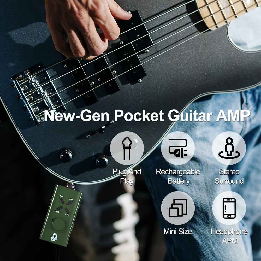 JUSTPRO Pocket Guitar Headphone Amp with 6 Amp Modules and 24 Guitar Effects, Mini USB Rechargeable Portable Plug-In Guitar Amplifier for Electric Guitar Silent Practice