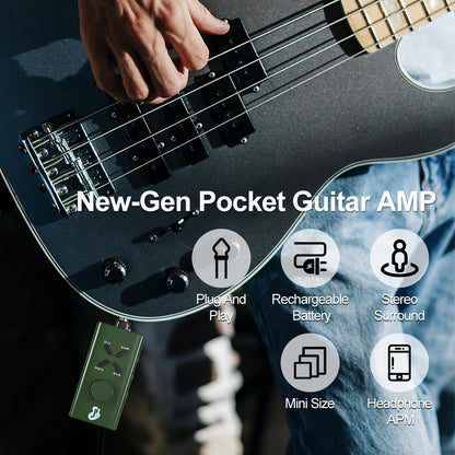 JUSTPRO Pocket Guitar Headphone Amp with 6 Amp Modules and 24 Guitar Effects, Mini USB Rechargeable Portable Plug-In Guitar Amplifier for Electric Guitar Silent Practice