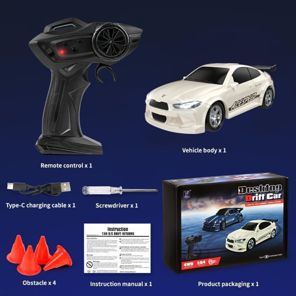 Mini RC Drift Sports Car 1:64 Scale with 4WD Layout, LED Details, Remote Controller and Two Color Options