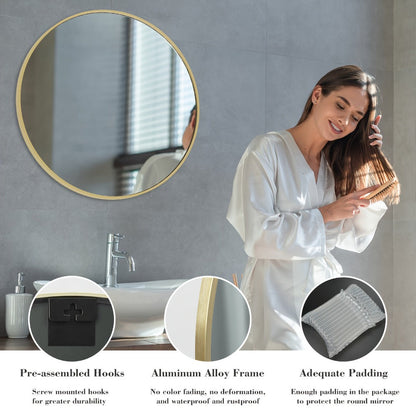 Round Wall Mirror Aluminum Alloy Frame – Modern Circle Mirror for Bedroom, Bathroom & Living Room, Tempered Glass, Black & Gold, 20in 28in 30in 36in