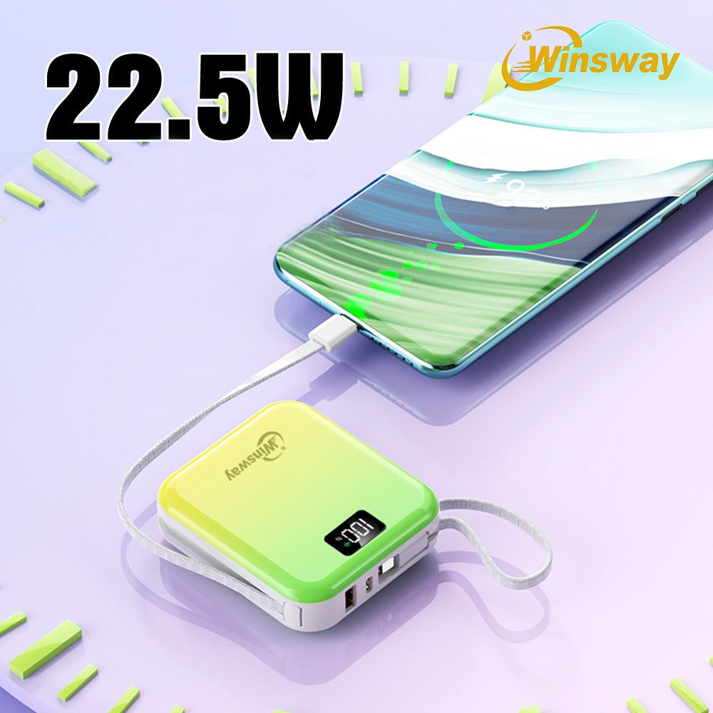 10000mAh Winsway Power Bank with 22.5W Label, Built-In USB-A and USB-C Cables and Gradient Colors
