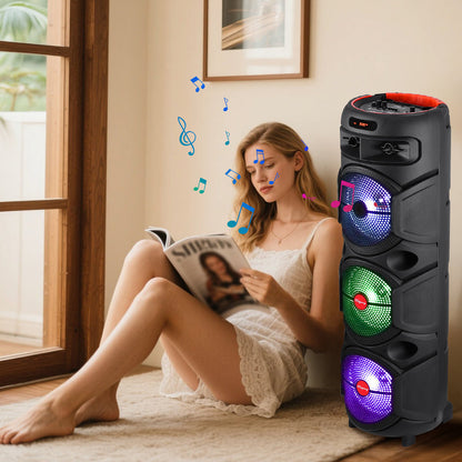 Triple 8-Inch Subwoofer PA Party Speaker with Wireless Stereo Pairing, LED Color Lights, FM Radio, USB & TF Playback, Wired Mic, Home Theater Sound System for Parties, Outdoors & Events