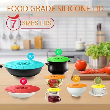 Seven-Piece Reusable Silicone Stretch Lid Set in Five Sizes for Bowls, Cups, Pots and Food Containers