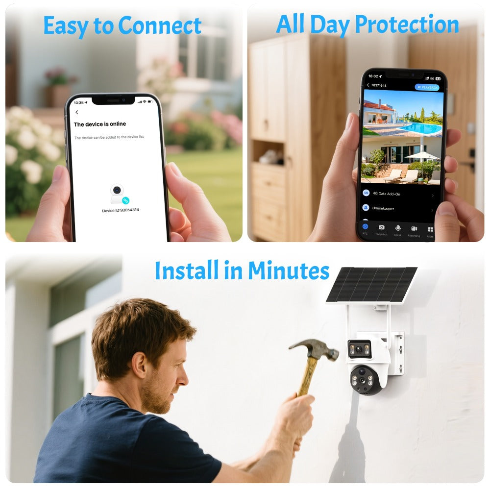 Dual-Lens Solar WiFi Security Camera with Pan-Tilt View, PIR Motion, Spotlight, Siren and Two-Way Audio
