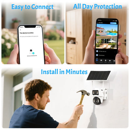 Dual-Lens Solar WiFi Security Camera with Pan-Tilt View, PIR Motion, Spotlight, Siren and Two-Way Audio