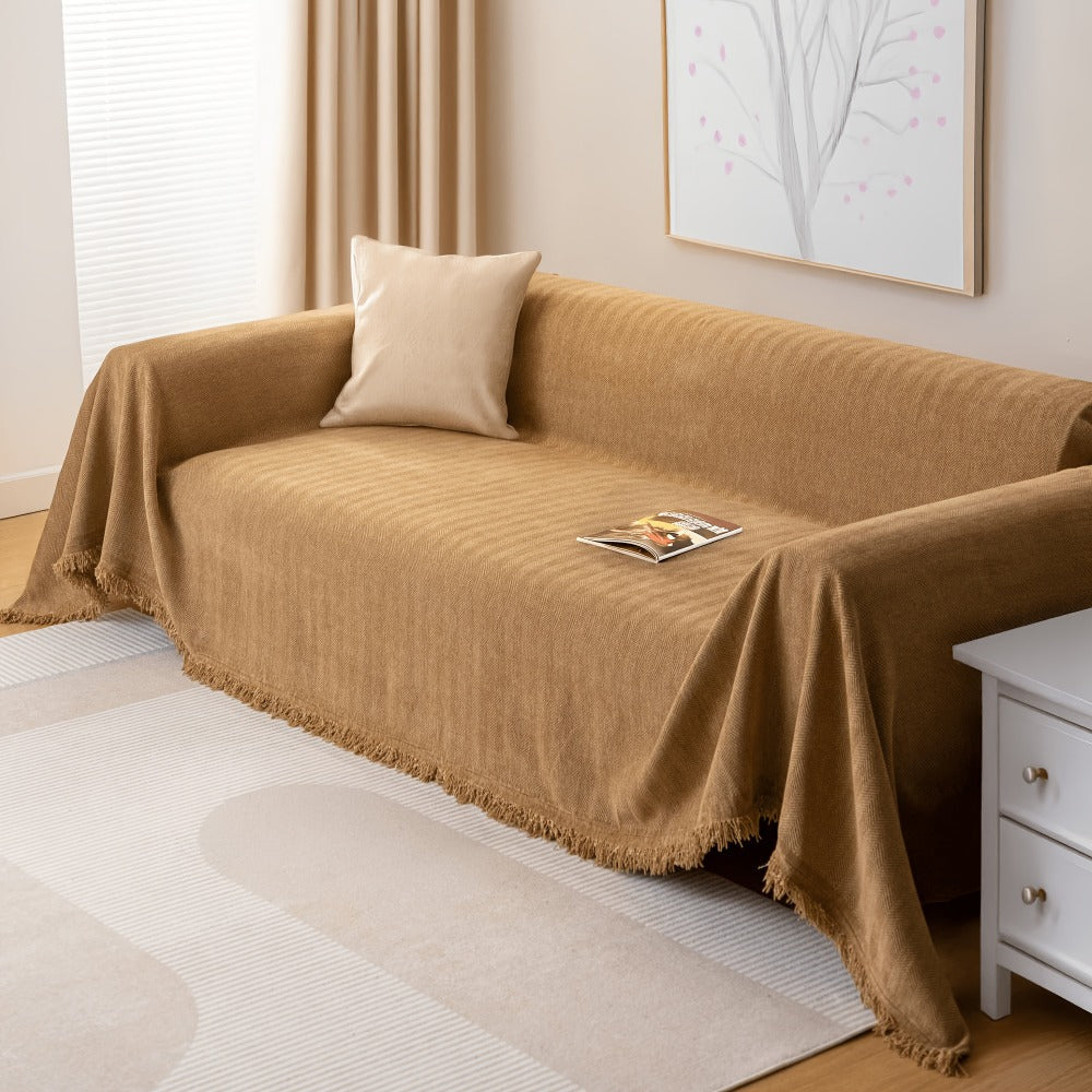 Sofa Cover Throw, Chenille Woven Fringe Slipcover in Three Colors for Three- and Four-Seat Couches