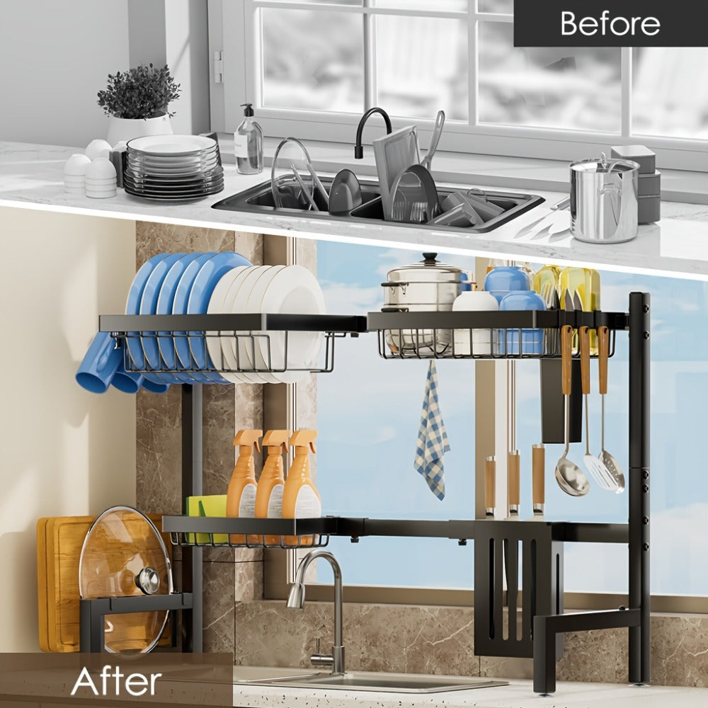 Over-Sink Dish Drying Rack Kitchen Organizer, 30-33.9-Inch Two-Tier Frame with Seven Removable Accessories