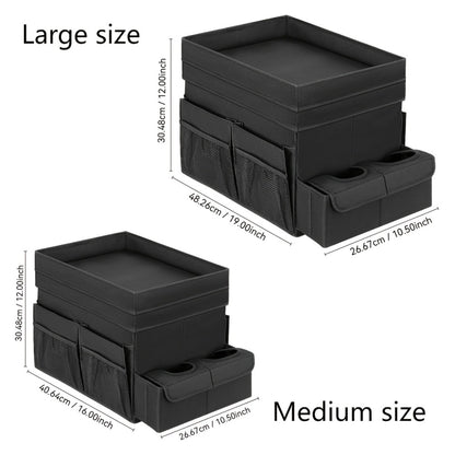 Seat-Top Car Organizer Box with Open Tray, Cup Recesses, Side Pockets and Four Size-Color Options