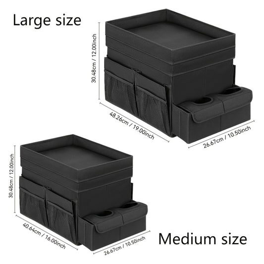 Car Seat Organizer with Cup Holder & Cooler Compartment – Multi-Pocket Backseat Storage Bag for Adults, Front & Rear Seat Travel Tray, Sturdy Handles, Neutral Design, Medium & Large