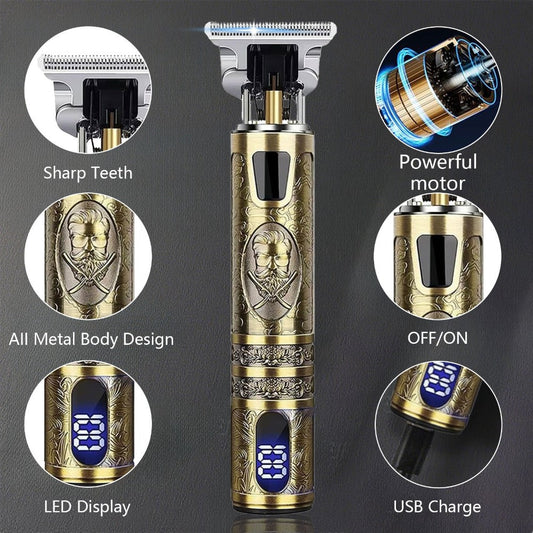 Cordless Hair Clippers & Trimmers with Vintage Gold LCD Body, USB Charging and Three Etched Designs