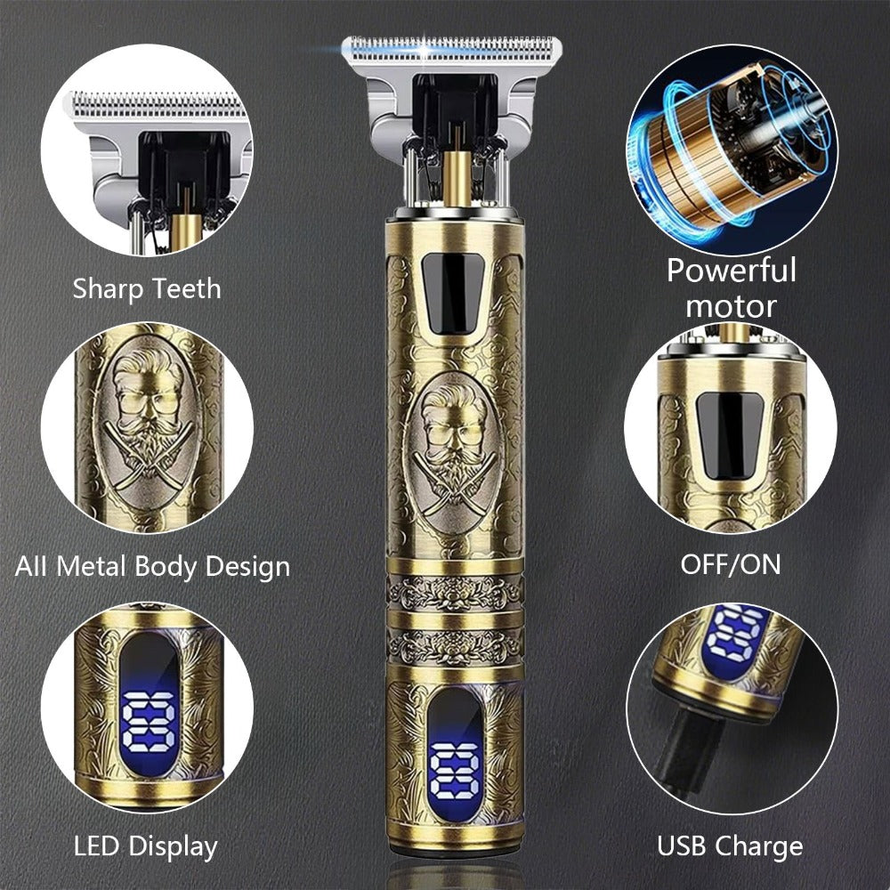 Hair Clippers & Trimmers Vintage Gold T-Blade Model with LCD Display, USB Charging and Three Etched Designs