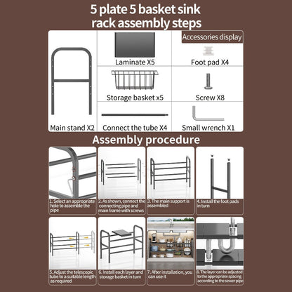 Expandable Two-Tier Under-Sink Organizer with Five Panels, Five Baskets and Exact Black Configuration