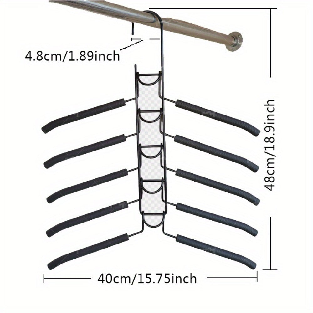 Five-Tier Cascading Clothes Hanger Organizers with Padded Arms in a Two-Piece Black Set for Closets