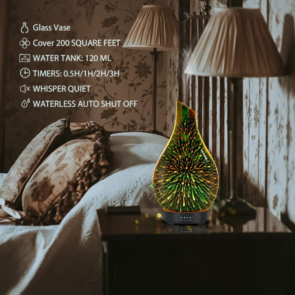 120ml Glass Essential Oil Diffuser with Teardrop Body, Four Timer Labels, Seven-Color Light and Oil Bundle