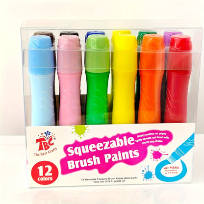 Tempera Paint Set for Kids 12 Colors Washable – Squeezable Brush Pens Neon Basic Pastel 24ml Each | Refillable Non-Toxic Art Supplies for Early Learning Finger Painting | Birthday Christmas Gift