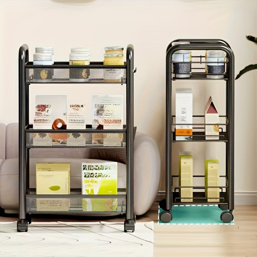 Three-, Four- or Five-Tier Black Carbon Steel Rolling Storage Cart with Detachable Wire Baskets