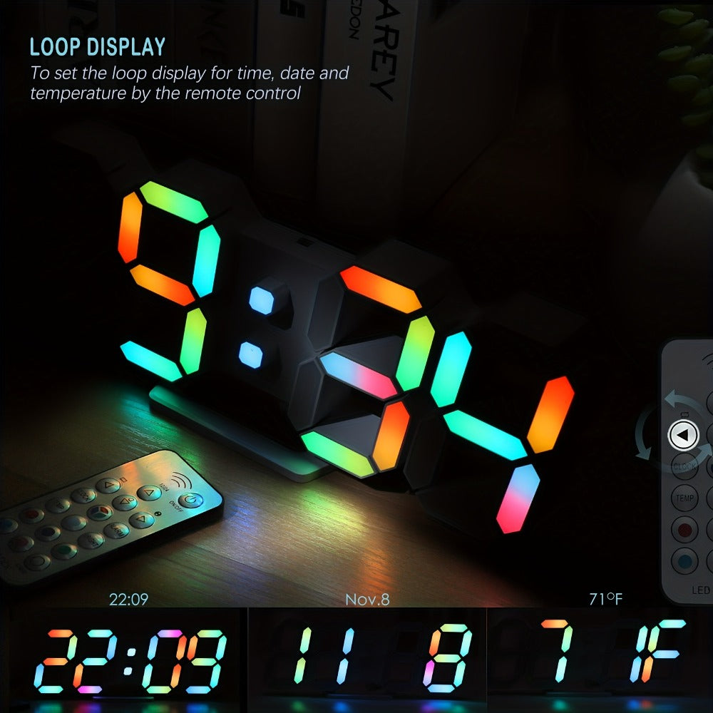 9.7-Inch RGB LED Wall and Desk Clock with Remote, Alarm, Date, Temperature and USB Power Cable