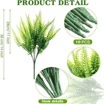 Artificial Boston Fern Stems, 10-Piece Greenery Set with 14-Inch Height and 11-Inch Spread
