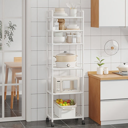 Six-Tier Narrow Metal Storage Shelf with Leveling Feet in Black or White for Kitchens and Pantries