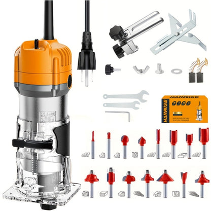 Wood Router 800W 35000 RPM Compact Electric Router Tool | 15-Piece 1/4" Bit Set for DIY Woodworking, Edge Trimming, Slotting, Carving & Contour Processing – Variable Speed Rotary Tool