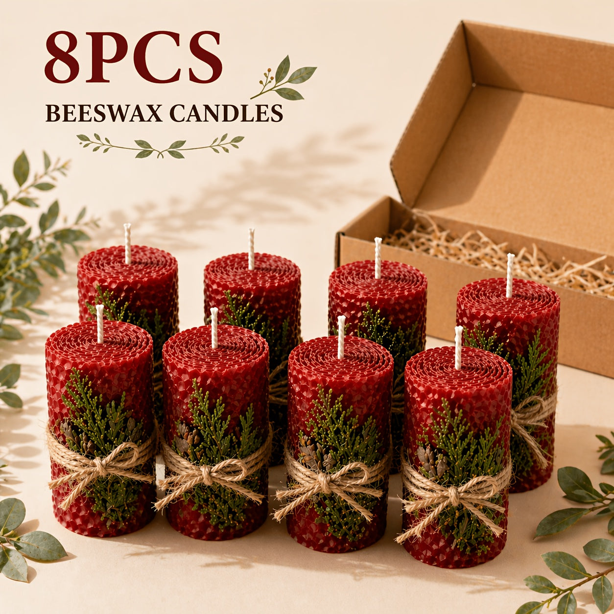 Beeswax Pillar Candles Hand Rolled with Honeycomb Texture – 100% Pure Beeswax, 12+ Hour Burn, Gift Box Set for Home Decor, Christmas, Dinner & Holiday Decorations