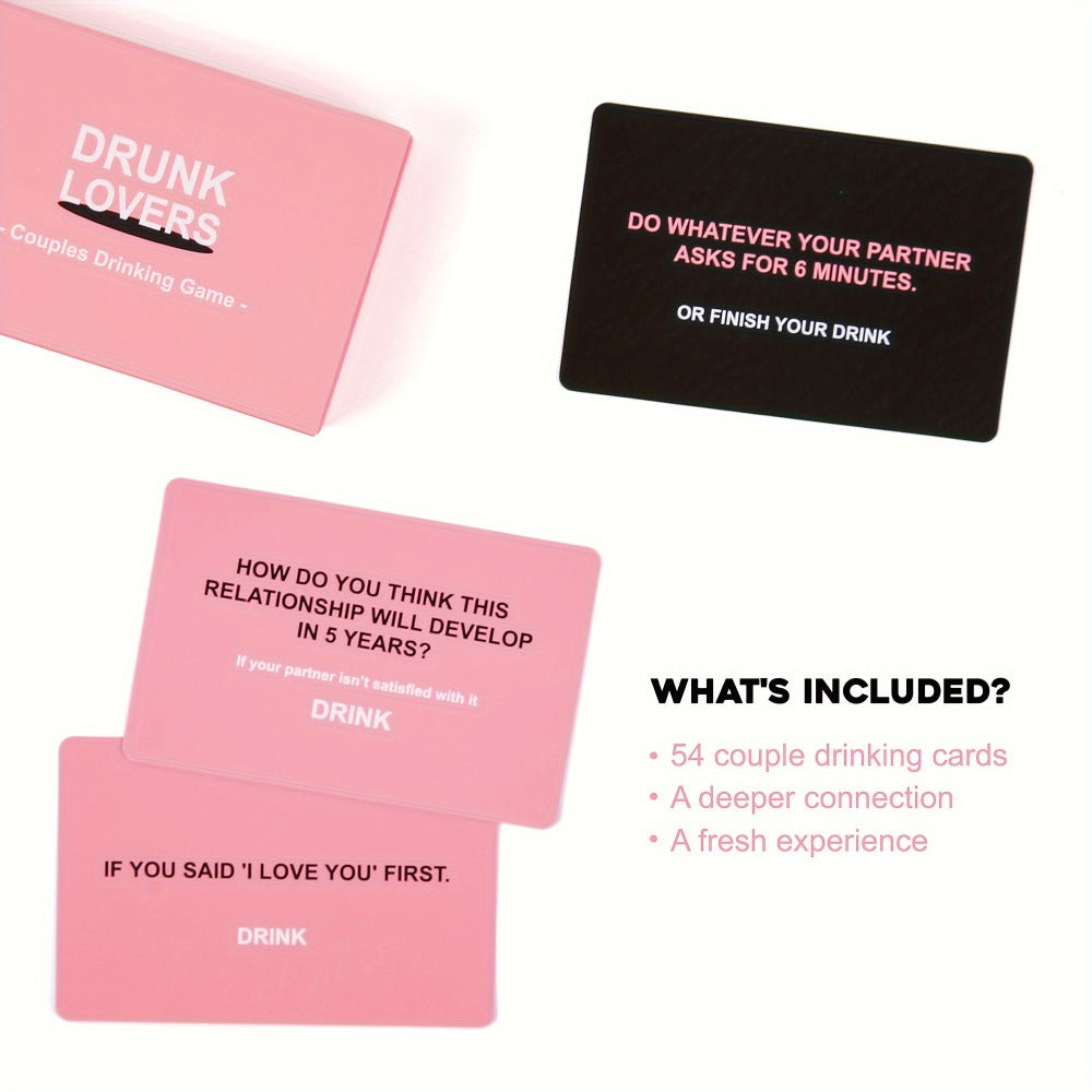 Drunk Lovers Couples Card Game with 54 Prompt Cards Split into 26 Pink and 28 Gray Cards, with Compact Pink Box