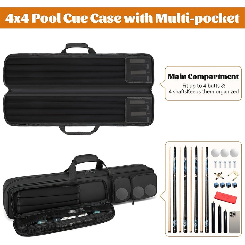 Black Billiard Cue Carrying Case with Backpack Straps, Top Handle and Front Accessory Pockets