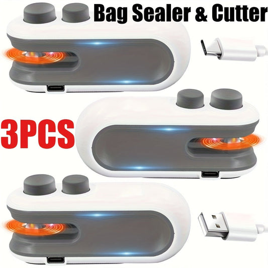 Bag Sealer Handheld Heat Sealer 3-Pack – USB-C Rechargeable 2-in-1 Magnetic Food Sealer with Cutter, Snack Bag Resealer for Plastic Bags, Kitchen Food Freshness, Home & Outdoor Use