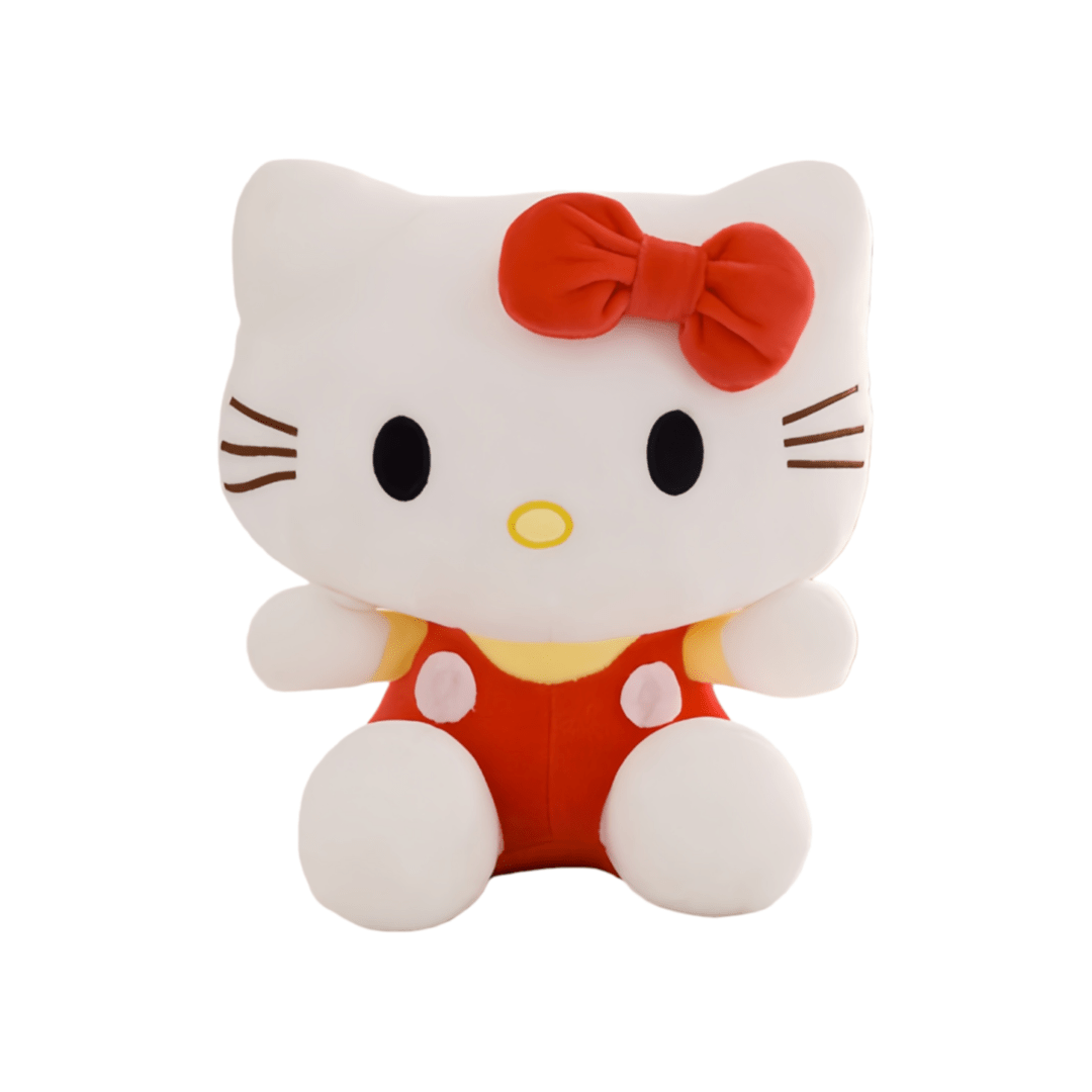 Plush Toy Bow-Wearing Cat Character Doll with Red, Pink or Blue Color Options and Soft Fabric