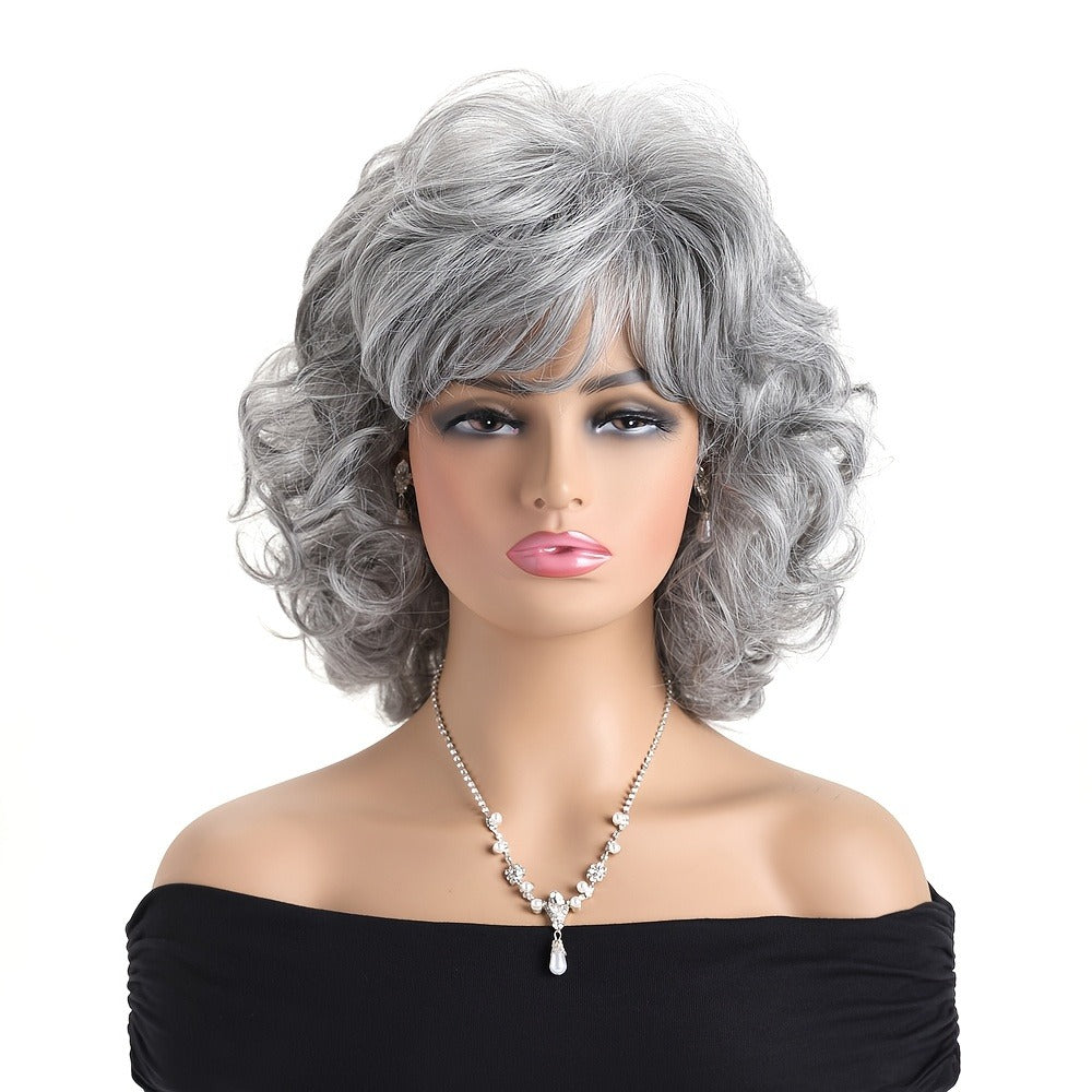 Short Curly Wig with Slanted Bangs 14 Inch Heat Resistant Synthetic Rose Net Cap Grey Mixed Dark Brown Light Brown for Women Daily Wear Halloween Festivals Cosplay
