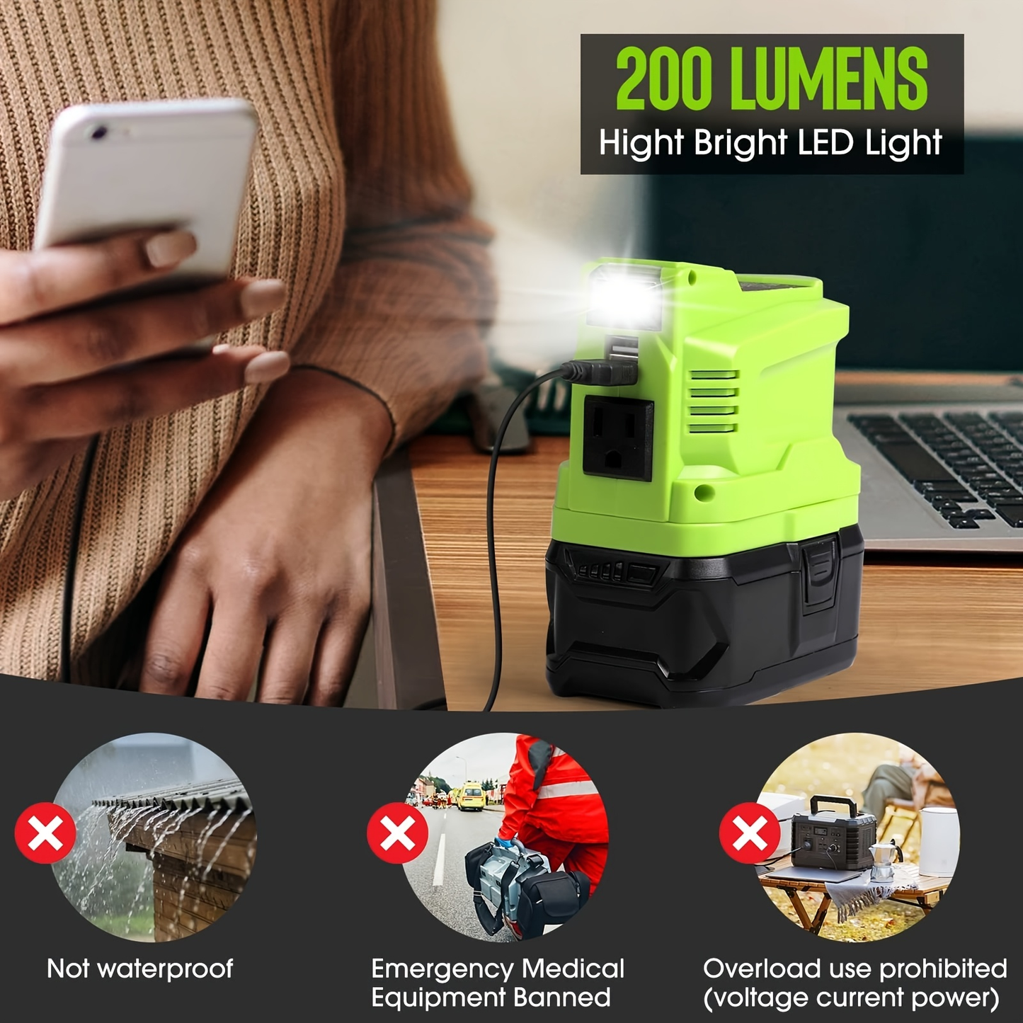 150W Power Inverter Adapter for RYOBI-Style 18V Battery Interface with AC Outlet, Dual USB and LED Light