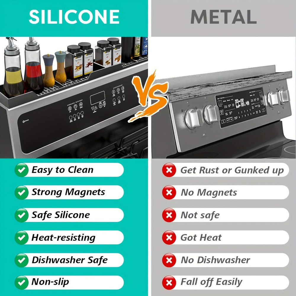 Magnetic Stove Shelf Kitchen Organizer, 30-Inch Silicone Spice Ledge with Eight Embedded Magnets