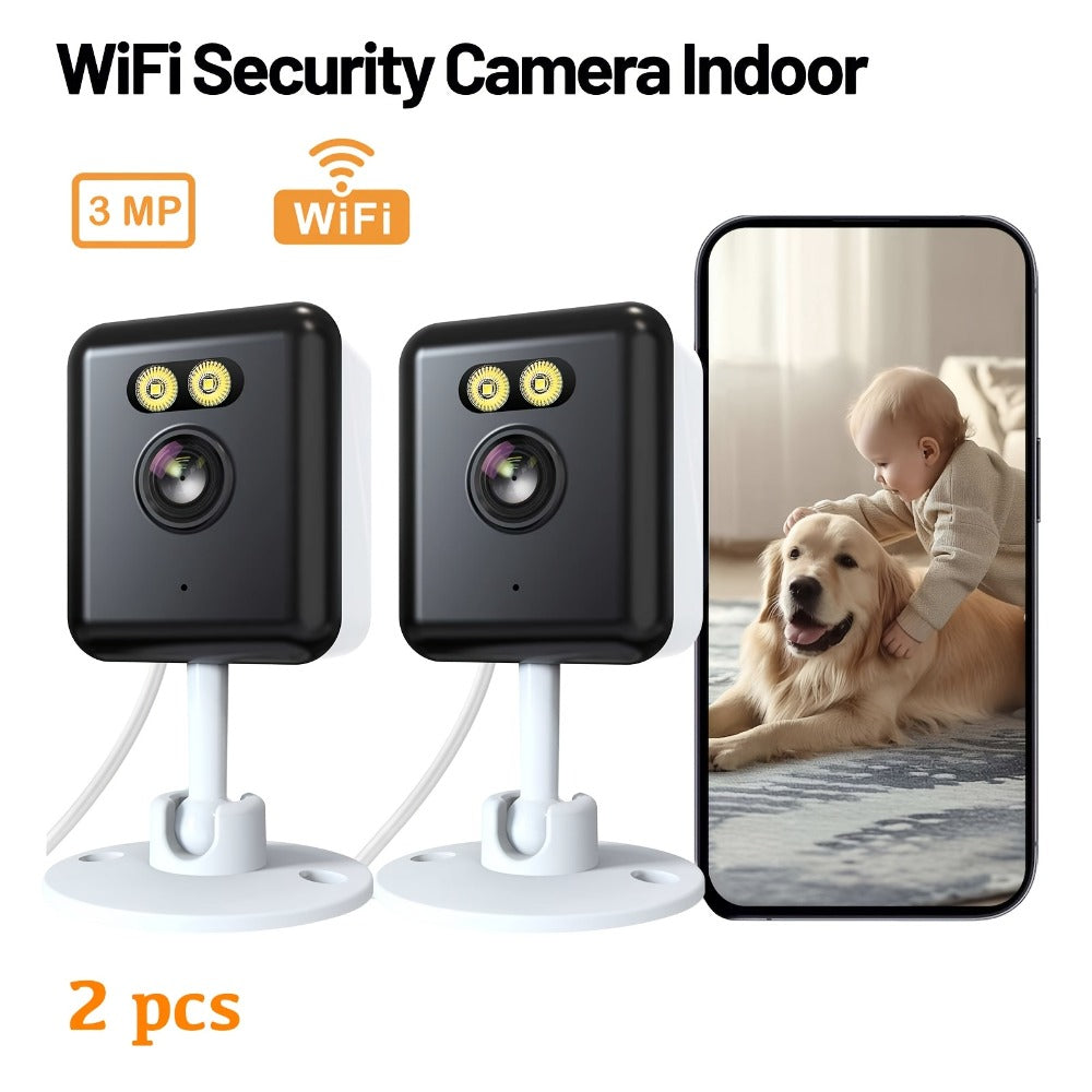 Indoor Security Camera 2-Pack with 3MP Video, Color Night Vision, Two-Way Audio and 2.4GHz WiFi