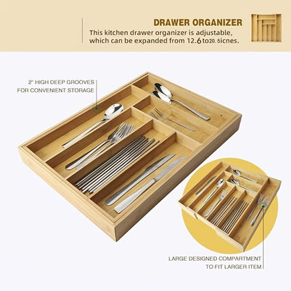 Expandable Bamboo Drawer Organizer with Nine Compartments for Flatware, Utensils and Desk Supplies