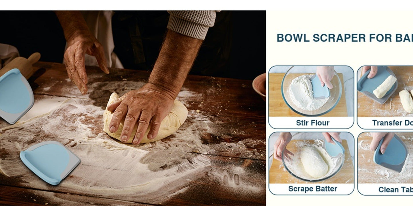 Two-Piece Dough Scraper Set with Metal Bench Cutter, Measurement Guide and Blue or Grey Bowl Scraper