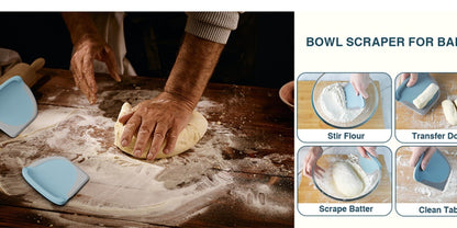 Two-Piece Dough Scraper Set with Metal Bench Cutter, Measurement Guide and Blue or Grey Bowl Scraper