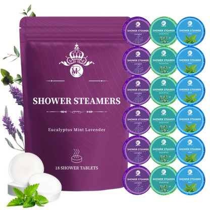 Lavender, Mint and Eucalyptus Shower Steamer Gift Box with 18 Round Tablets in Three Fragrance Labels